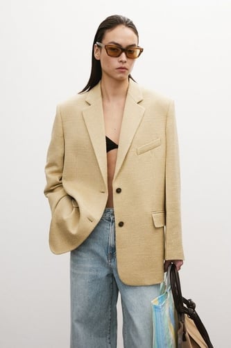 RECTO WOMEN - WOMENS OVERSIZE SINGLE BREASTED TWEED JACKET (KHAKI BEIGE)