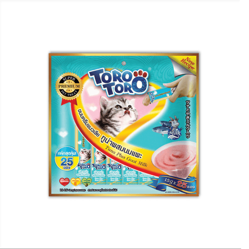 Toro Toro Cat Liquid Lick Snack Tuna Plus Fiber + Tuna Plus Goat Milk โทโร โทโร่ ขนมครีมแมวเลีย ทูน่าผสมนมแพะ ขนาด 360 กรัม (25 ซอง)
