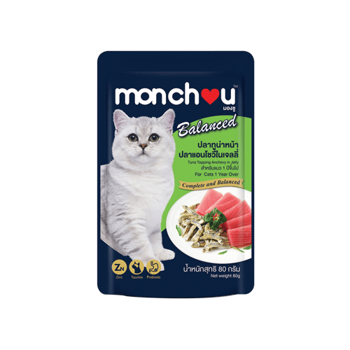 [MANOON] MONCHOU Balanced Tuna Topping Anchovy in Jelly มองชู บาลานซ์ ปลาทูน่าหน้าปลาแอนโชวี่ในเจลลี่ ขนาด 80 (12 ซอง) กรัม