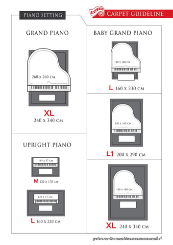 ขนาดพรมที่เหมาะสมกับแกรนด์เปียโน, เบบี้แกรนด์เปียโน, และอัพไรท์เปียโน