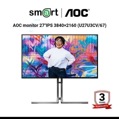 จอมอนิเตอร์ AOC monitor 27"IPS 3840×2160 @60Hz 400cd/m2 1300:1 – DisplayPort, HDMI, USB-C, Speaker 3W×2, Black&Grey - U27U3CV/67