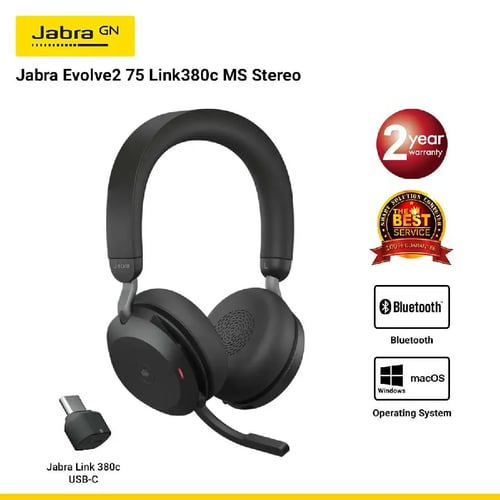 Jabra Evolve2 75 Link380c MS Stereo Black (JBA-27599-999-899) หูฟังไร้สายสำหรับทำงาน-ประชุมออนไลน์ ไมค์ชัด ตัดเสียงรบกวน