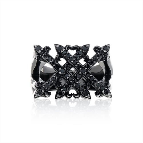 Double X ring Xtreme - Black  แหวนเงินแท้ 925 แกะมือขัดเงาชุบแบล็กโรเดียม ลายอักษรโรมัน XX  Double Cross