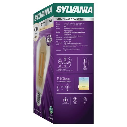 SYLVANIA หลอดไฟวินเทจ Filament ฟิลาเมนต์ ทรงเอดิสัน รุ่น ToLEDo FIRA  GOLD ST64 4W E27แสงวอร์มไวท์ (แก้วสีทอง)