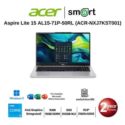 โน๊ตบุ๊ค Notebook Acer Aspire Lite 15 AL15-71P-50RL i5-12450H/16GB/512GB/15.6"/Win11+Office (Light Silver)