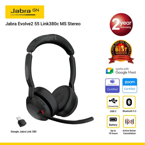 Jabra Evolve2 55 Link380c MS Stereo หูฟังไร้สายสำหรับทำงาน-ประชุมออนไลน์ ไมค์ชัด ตัดเสียงรบกวน