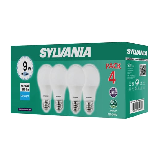 [แพ็ค 4 สุดคุ้ม ] SYLVANIA หลอดไฟแอลอีดี รุ่น ToLEDo Basic Plus A60 9W ขั้ว E27  (แสง Daylight : สีขาว) รุ่นใหม่