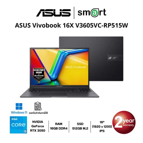 โน๊ตบุ๊ค Notebook ASUS Vivobook 16X V3605VC-RP515W i5-13420H/RTX3050/16GB/512GB/16"/Win11 (Indie Black)