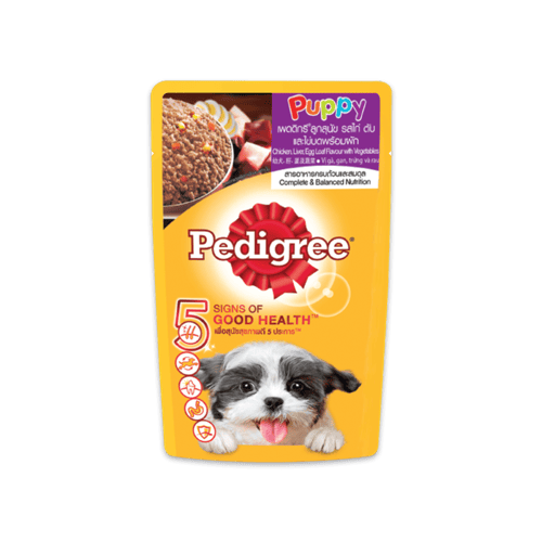 [MANOON] PEDIGREE Pouch Puppy Chicken, Liver, Egg เพดดิกรีเพาซ์ สูตรลูกสุนัข รสไก่ ตับและไข่บดพร้อมผัก ขนาด 130 กรัม (12 ซอง)