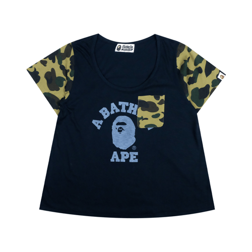 A BATHING APE GRAPHIC PRINT SCOOP POCKET NECK T-SHIRT BLACK/CAMO