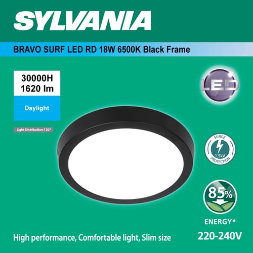 SYLVANIA โคมไฟดาวน์ไลท์ติดลอย รุ่น BRAVO SURF LED RD 18W 6500K Black Frame  (หน้ากลม) ขอบดำ แสงเดย์ไลท์ Daylight