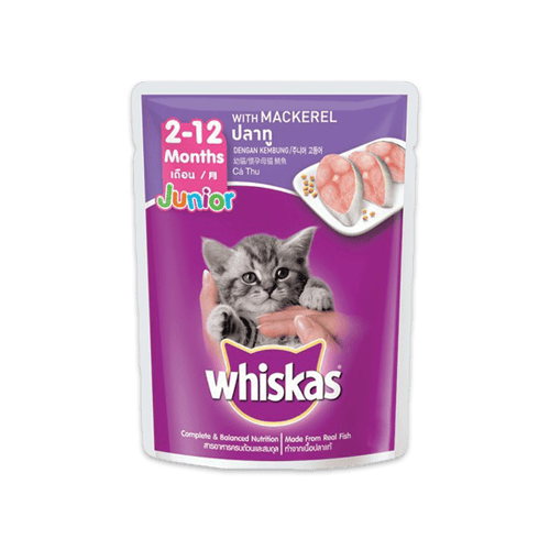 [MANOON] WHISKAS  Pouch Junior Mackerel วิสกัส อาหารเปียกแมวแบบซอง สูตรลูกแมว รสปลาทู ขนาด 85 กรัม (24 ซอง)