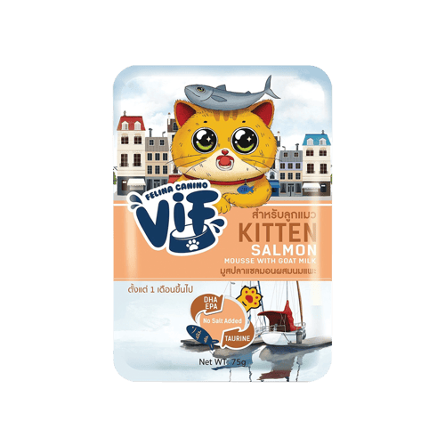  [MANOON] FELINA CANINO VIF  Kitten Salmon Mousse with Goat Milk Flavor เฟลินา คานิโน วิฟ มูสปลาแซลมอนผสมนมแพะลูกแมว ขนาด 75 กรัม (12 ซอง)