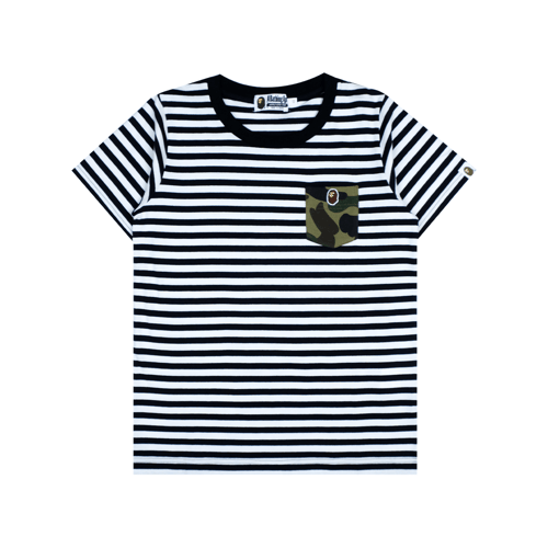 A BATHING APE 1ST CAMO POCKET ONE POINT HOOP T-SHIRT BLACK/WHITE