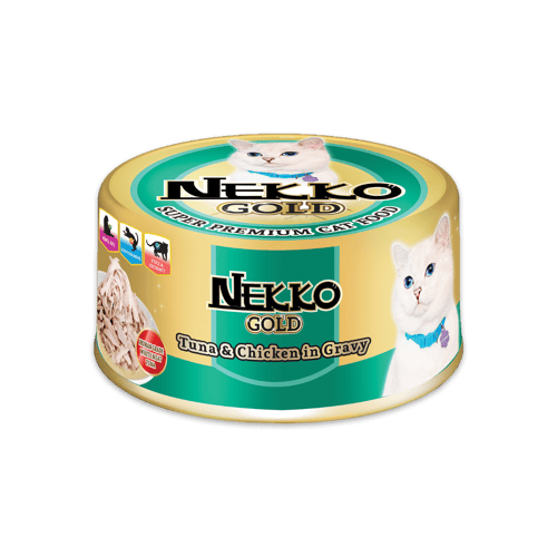 [MANOON] NEKKO Gold เน็กโกะ โกลด์ อาหารเปียกแมวแบบกระป๋อง รสปลาทูน่าและเนื้อไก่ในน้ำเกรวี่ ขนาด 85 กรัม (12 กระป๋อง)