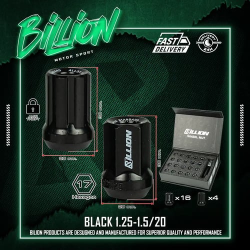 น็อตล้อเหล็ก Billion BL43 กันขโมย สีดำ (1.25) ชุด 20 ตัว (16+4 ล็อค)