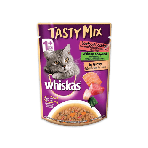 [MANOON] WHISKAS  Tastymix วิสกัส เทสตี้มิกซ์ อาหารเปียกแมว รสทะเลรวมมิตร สาหร่ายในน้ำเกรวี่ 70 กรัม (24 ซอง)