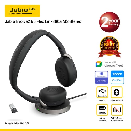 Jabra Evolve2 65 Flex Link380a MS Stereo Type-A หูฟังไร้สายสำหรับทำงาน-ประชุมออนไลน์ ไมค์ชัด ตัดเสียงรบกวน