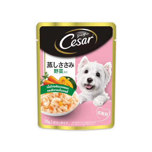 Cesar Pouch ซีซาร์ อาหารเปียกสุนัขแบบซอง รสเนื้อไก่พร้อมแครอทและฟักทองในเจลลี่ ขนาด 70 กรัม