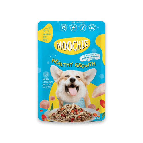 [MANOON] MOOCHIE  Dog Food Healthy Pouch Growth with Chicken Carrot, Goji Berry and Brown Rice Flavor มูชี่ อาหารเปียกสำหรับสุนัขแบบซอง รสไก่ผสมแครอท โกจิเบอร์รี่ และข้าวกล้อง ขนาด 85 กรัม (12 ซอง)