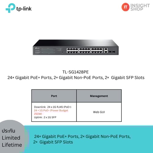 [TL-SG1428PE] TP-Link 24× Gigabit PoE+ Ports, 2× Gigabit Non-PoE Ports, 2×  Gigabit SFP Slots