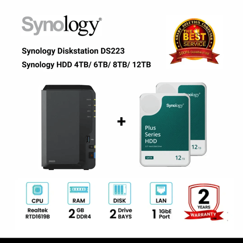 [ใช้โค้ด HLWPDSY1200 ลด 1,200.-] [NEW] Synology DiskStation DS223 2-Bay NAS + Synology HDD 4TB / 6TB / 8TB / 12TB