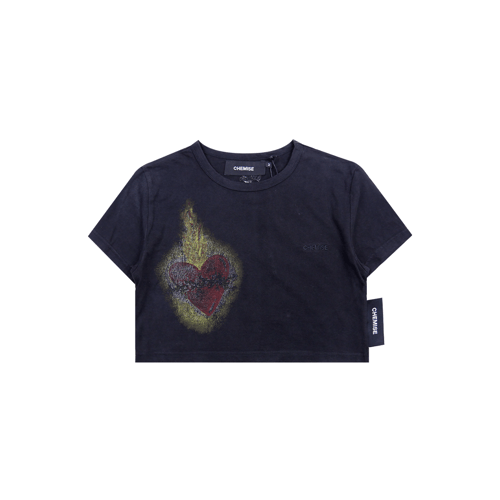 CHEMISE FLAMING HEART WASHED DUSTY BABY CROP TOP BLACK
