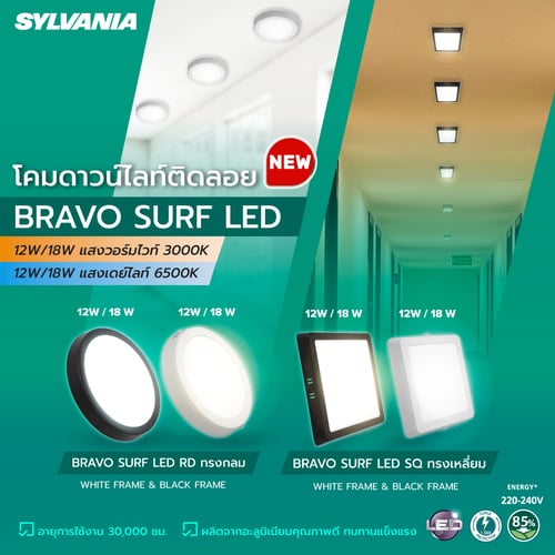 SYLVANIA โคมไฟดาวน์ไลท์ติดลอย รุ่น BRAVO SURF LED SQ 18W 6500K White Frame (หน้าเหลี่ยม) ขอบขาว แสงเดย์ไลท์
