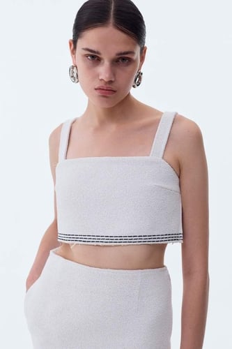 RECTO - TARA EMBROIDERY TWEED CROP TOP (OFF WHITE)