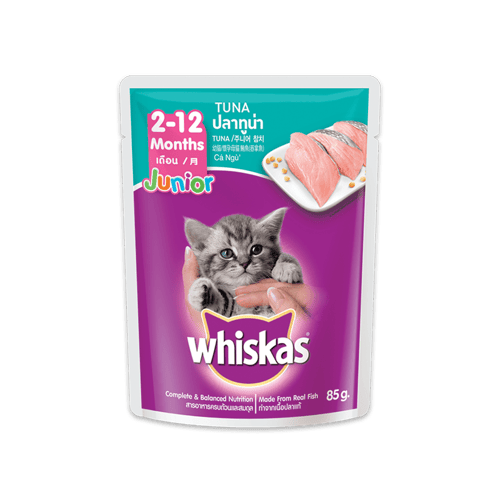 [MANOON] WHISKAS  Pouch Junior Tuna วิสกัส อาหารเปียกแมวแบบซองสูตรลูกแมว รสทูน่า ขนาด 85 กรัม (12 ซอง)