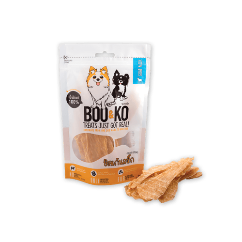BOO&KO Chicken Sticks with Goat Milk บูแอนด์โค เนื้ออกไก่หมักนมแพะอบแห้งสำหรับสุนัข ขนาด 60 กรัม