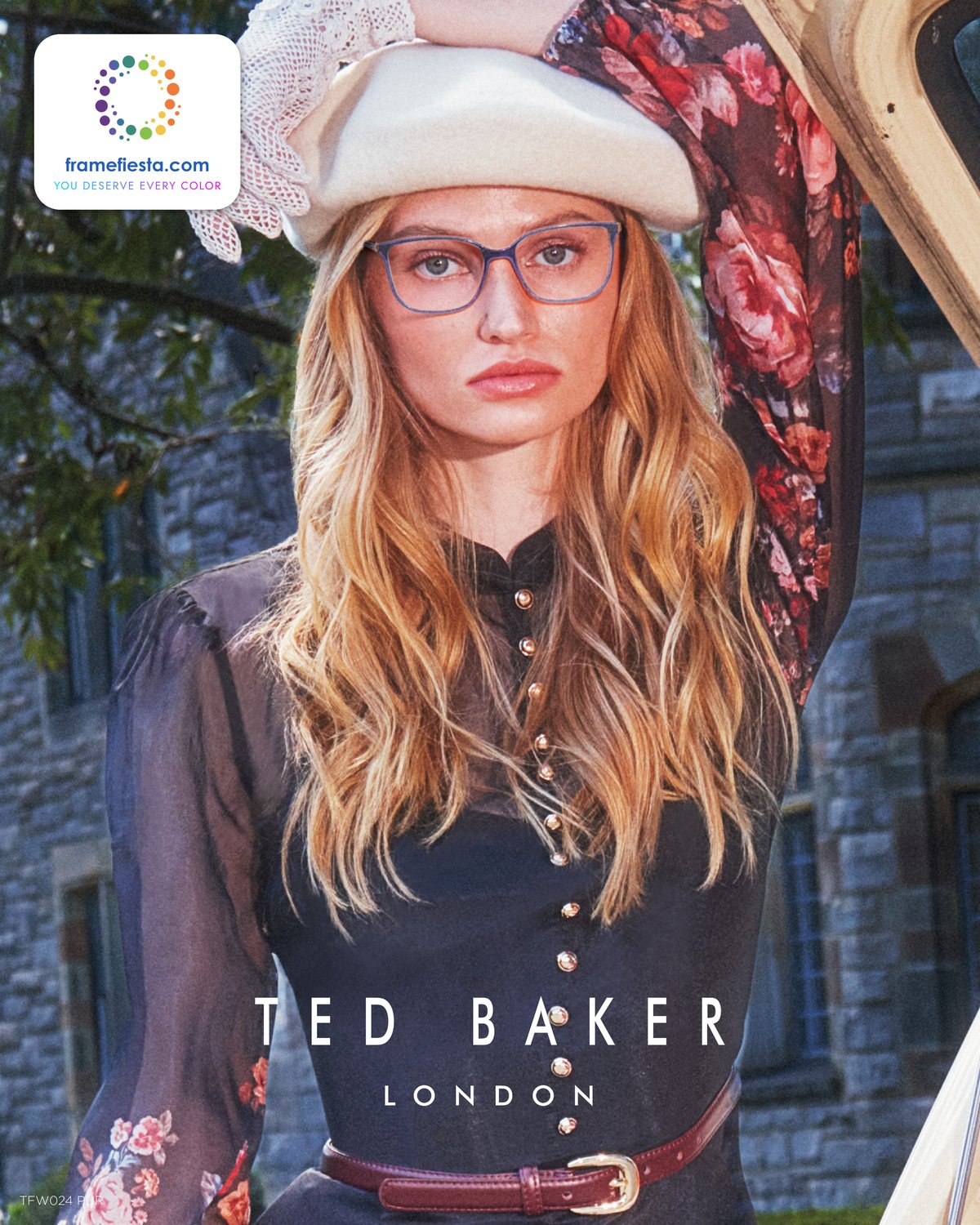 Ted Baker TFW024 purple designer eyeglasses on model