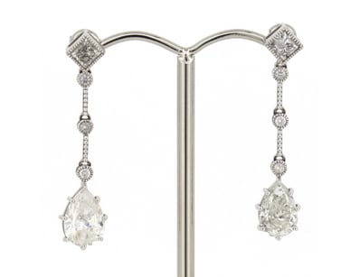 14K WHITE GOLD AND DIAMOND, DROP EARRINGS.      

...