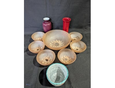VINTAGE FROSTED GLASS TABLEWARE SET WITH DECORATIV...