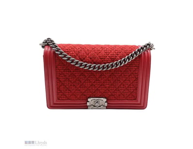 CHANEL RED TWEED AND LEATHER MEDIUM BOY FLAP BAG

...