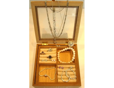 TIMBER  JEWELLERY BOX WITH JEWELLERY COLLECTION  A...