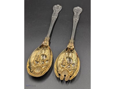PAIR OF SILVER AND GILT EPNS SERVING SPOONS WITH O...