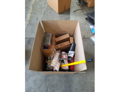 Box lot of hardware items, including screws, rolle...