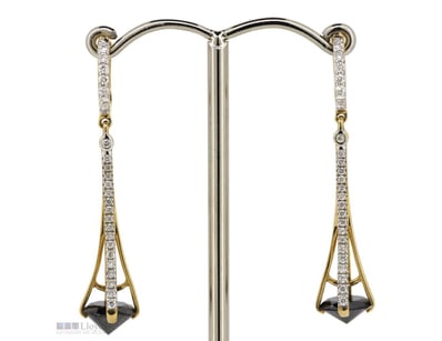 14K YELLOW GOLD, BLACK DIAMOND AND DIAMOND, DROP E...