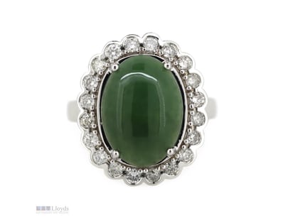 10K WHITE GOLD, JADE AND DIAMOND, HALO RING.      ...