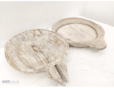 Pair of whitewashed wooden serving trays with orga...
