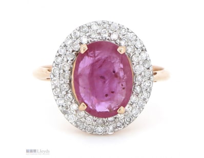 14K ROSE GOLD, RUBY AND DIAMOND, DOUBLE HALO RING....