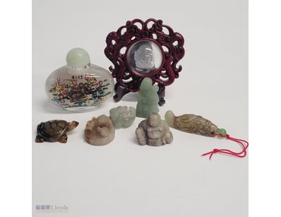 CARVED JADE COLLECTION WITH HARDWOOD DISPLAY FRAME...