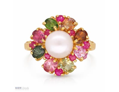 NATURAL PEARL, RUBY & PARAIBA TOURMALINE RING ON 9...