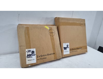 Two cardboard boxes containing extra shelving unit...