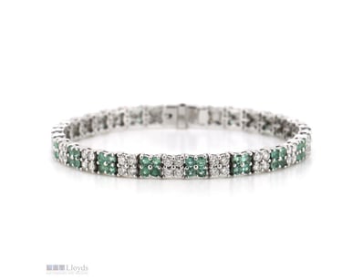 14K WHITE GOLD, EMERALD AND DIAMOND, CHECKERED BRA...