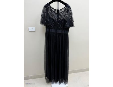 BLACK LACE EVENING GOWN WITH PLEATED SKIRT

Item S...