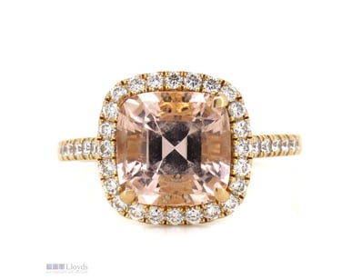 18K YELLOW GOLD, MORGANITE AND DIAMOND, HALO RING....