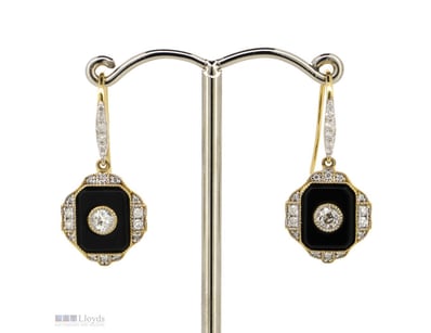 14K YELLOW GOLD, ONYX AND DIAMOND, DROP EARRINGS. ...