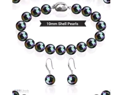 10 MM RAINBOW BLACK SEA SHELL PEARL BRACELET AND E...
